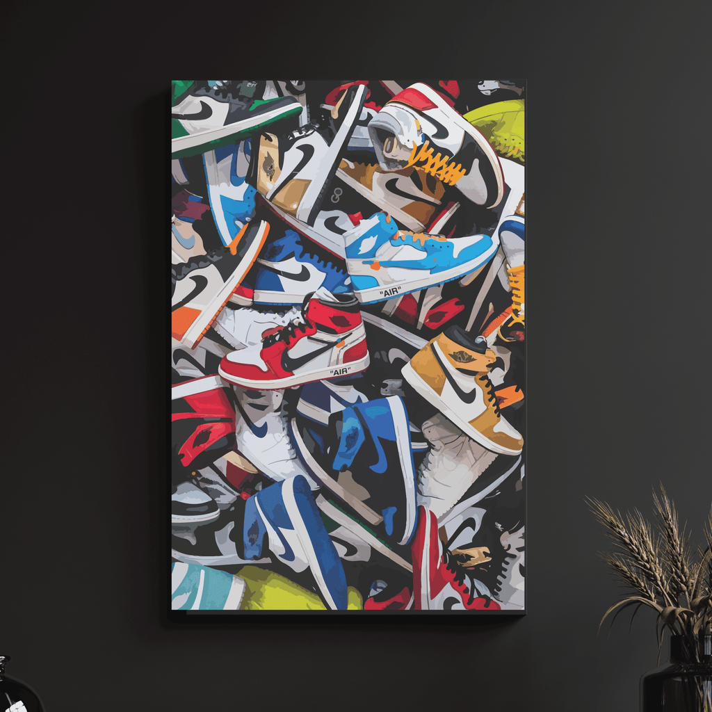 a painting of a bunch of shoes on a wall