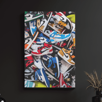 a painting of a bunch of shoes on a wall