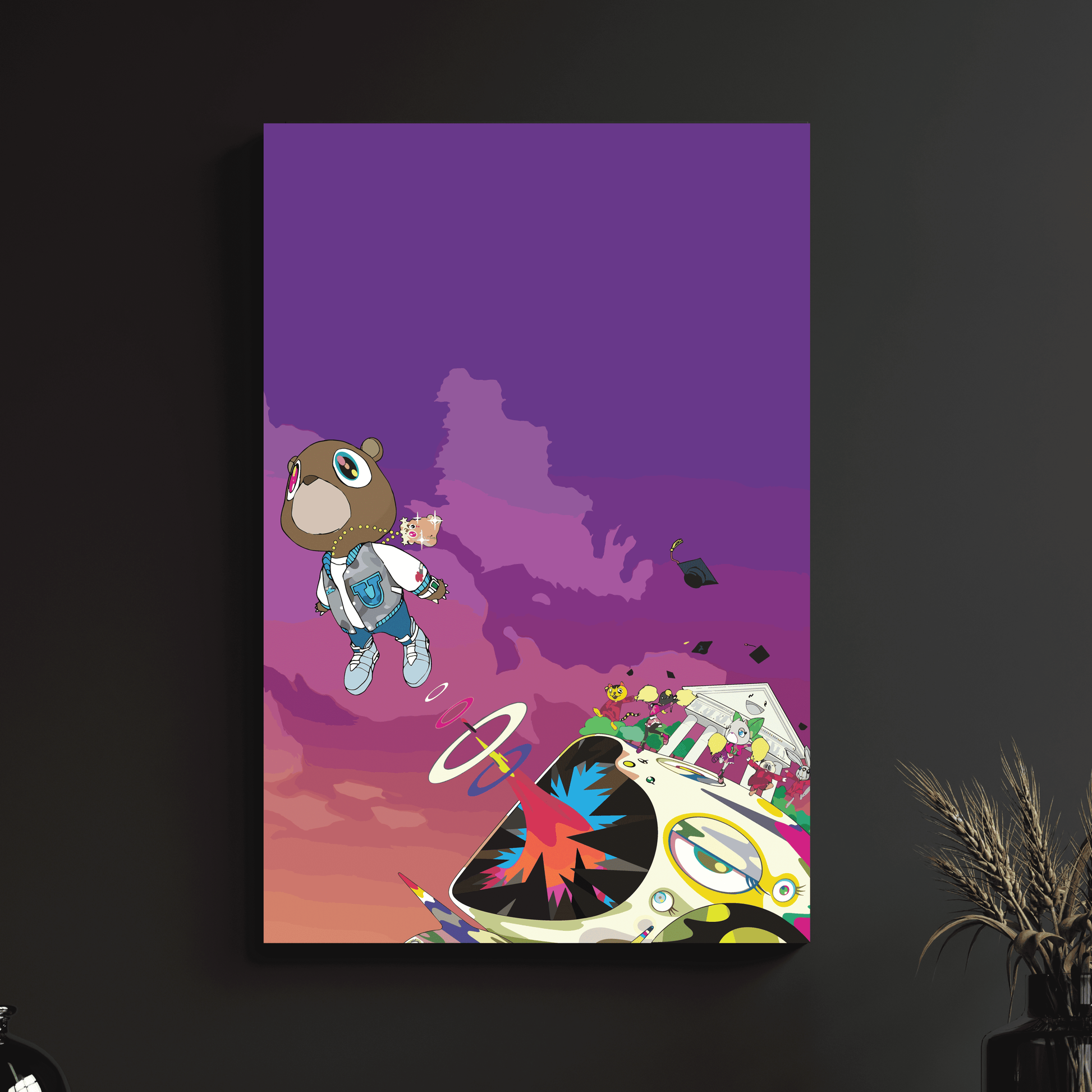 a painting of a teddy bear flying through the air