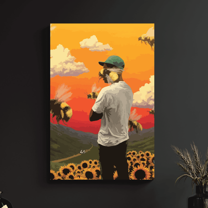 a painting of a man standing in front of a sunflower field