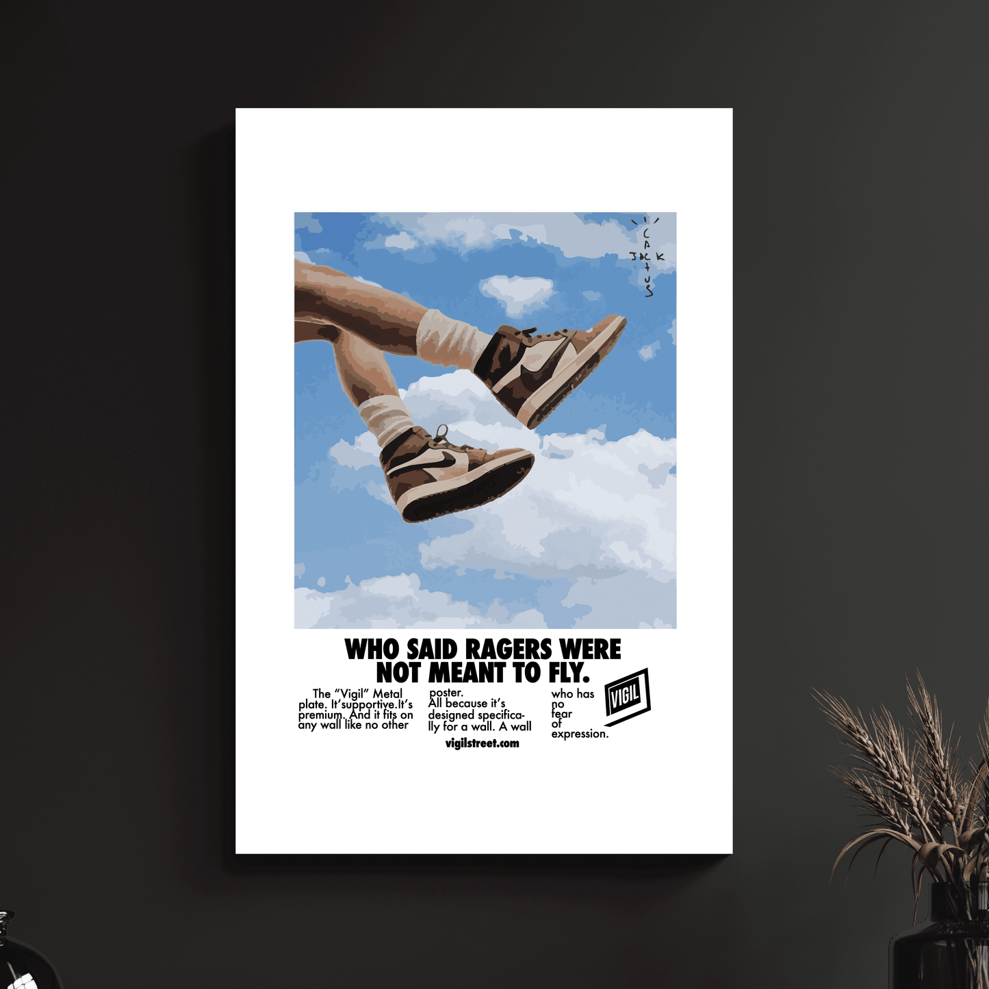 a poster of a pair of shoes flying through the air