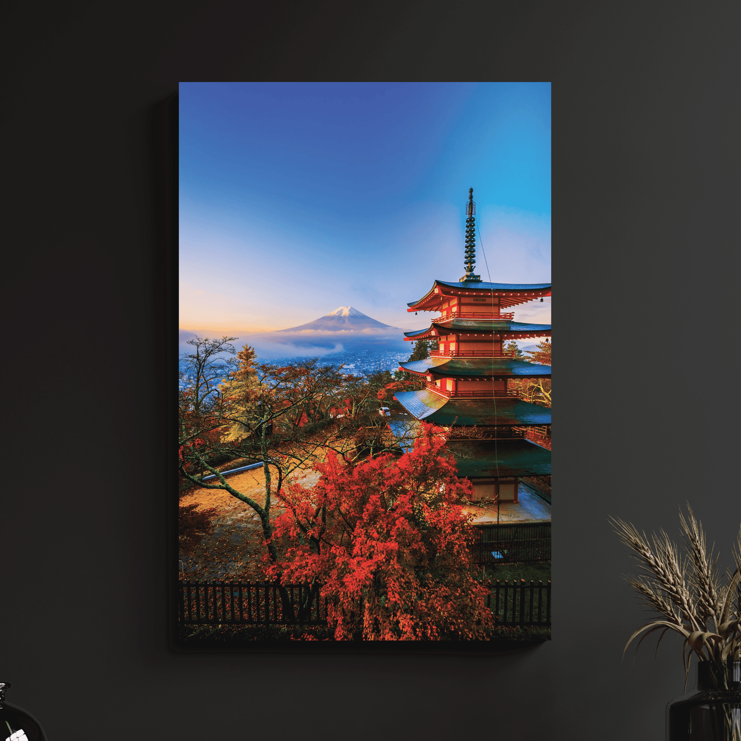 a picture of a pagoda with a mountain in the background